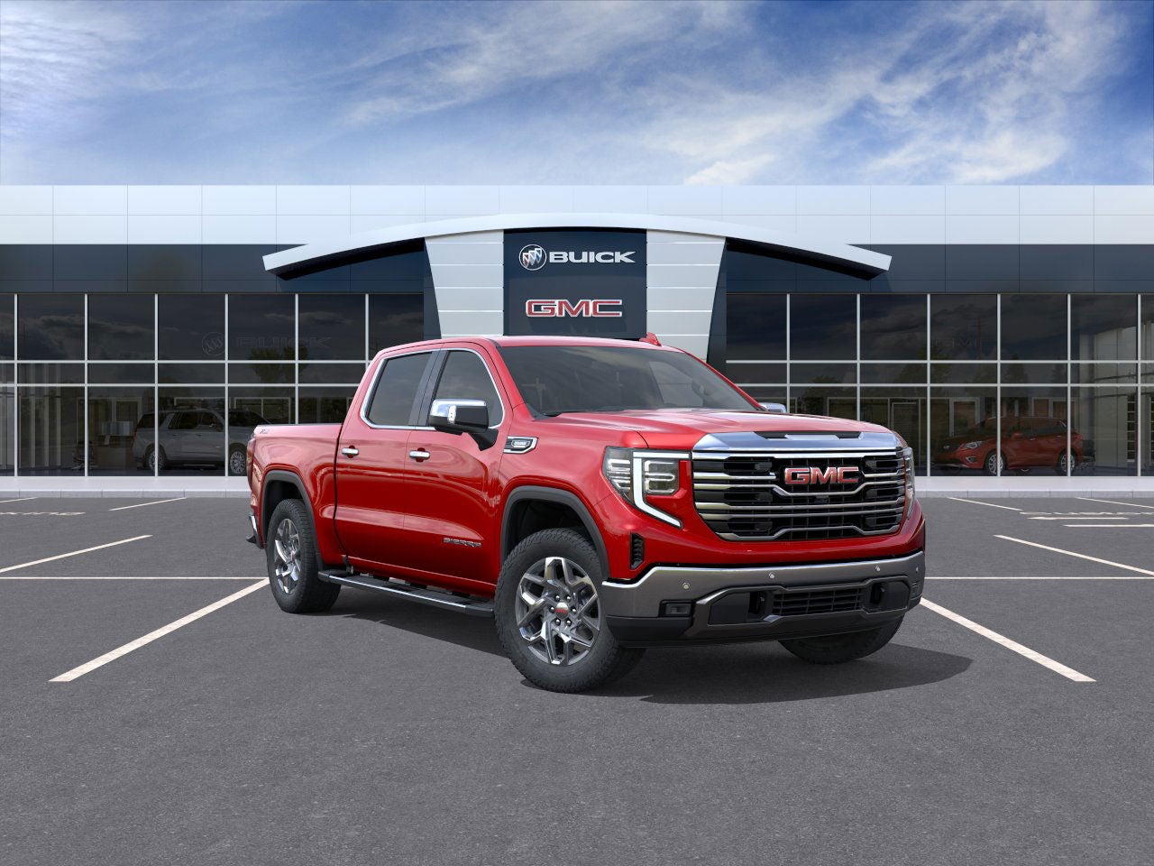 2026 GMC Sierra 1500 SLT in Volcanic Red Tintcoat — front three-quarter view